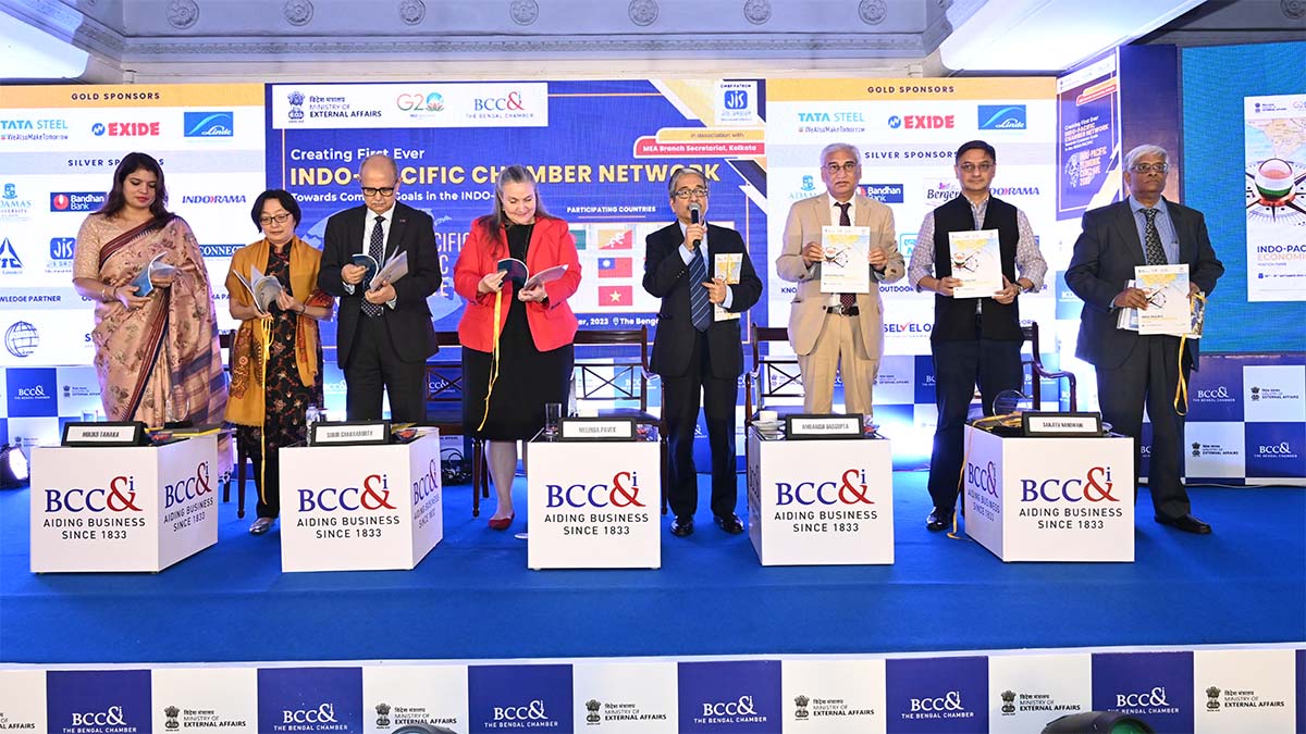 Release of Position Paper on Indo-Pacific Economic Conclave by IntueriConsulting LLP on Day 1, 28th September 2023(L-R: Smt. Neelam Rani, IFS, Director, Branch Secretariat, Kolkata, Ministry, Ms. Mikiko Tanaka, Head, Subregional Office for South and South-West Asia, United Nations ESCAP, Mr. Subir Chakraborty, Immediate Past President, BCC&I and Managing Director & CEO, Exide Industries Ltd., Ms. Melinda Pavek, Consul General, U.S. Consulate General, Kolkata, Mr. Ambarish Dasgupta, Former President, BCC&I and Senior Partner, Intueri Consulting LLP, Mr. Sanjeev Nandwani, East India Chapter Chairperson and Vice President, Indo-Australian Chamber of Commerce (IACC), Shri Sanjeev Sanyal, Member, Economic Advisory Council to the Prime Minister, Prof. Dr. Ajitava Ray Chaudhuri, Ph.D, Professor Emeritus and Head, Department of Economics, Adamas University and Chairperson, Economic Affairs Committee, BCC&I)