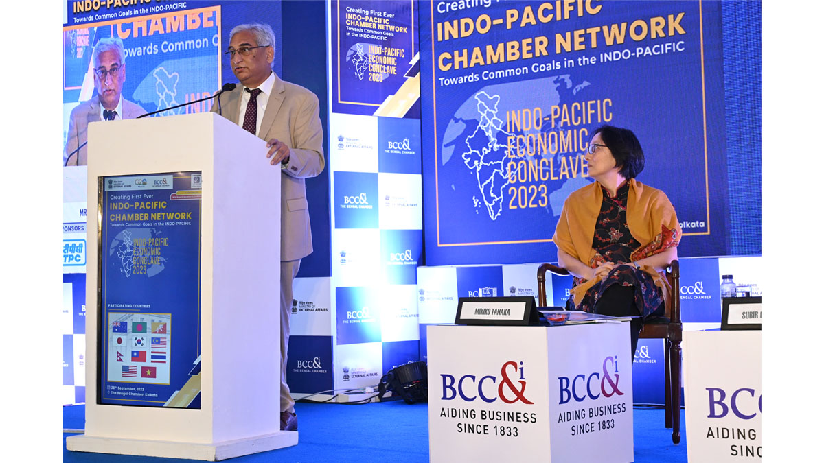 Mr. Sanjeev Nandwani, East India Chapter Chairperson and Vice President, Indo-Australian Chamber of Commerce during his address in the opening session panel of Day 1 of Indo-Pacific Economic Conclave.