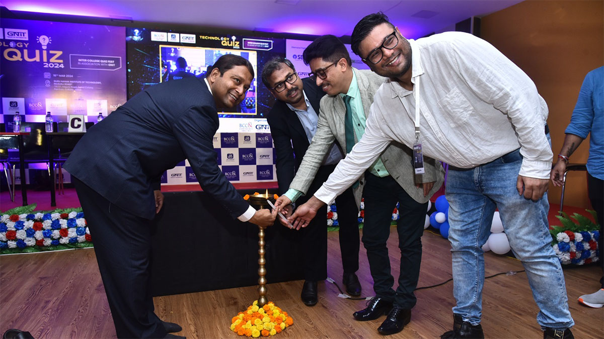 Lamp Lighting Ceremony- L- R: Dr. Swarup Kumar Mitra, Principal, Gurunanak Institute of Technology, Mr. Jayanta Kr. Saha, Founder and CEO, Softthink Intelligent Solutions Pvt. Ltd; Prof (Dr) Santanu Kumar Sen, Principal, Saheed Anurup Chandra Mahavidyalaya State Aided College, Govt. of West Bengal (Affiliated to University of Calcutta) and Quiz Master Mr Auritro Chowdhury.