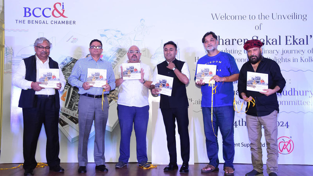 Dignitaries unveiling the book ( from L-R) Mr Gautam Ray, President, BCC&I; Shri Rajeev Kumar, IPS, Additional Chief Secretary, Department of Information Technology and Electronics, Government of West Bengal; Shri Atri Bhattacharya, IAS,  Additional Chief Secretary, Department of Sundarban Affairs,  Government of West Bengal; Mr Debaditya Chaudhury, Chairperson, Lifestyle Committee, BCC&I; Shri Srijit Mukherji, Indian Film Director; and Shri Debojyoti Mishra,  Indian Music Director