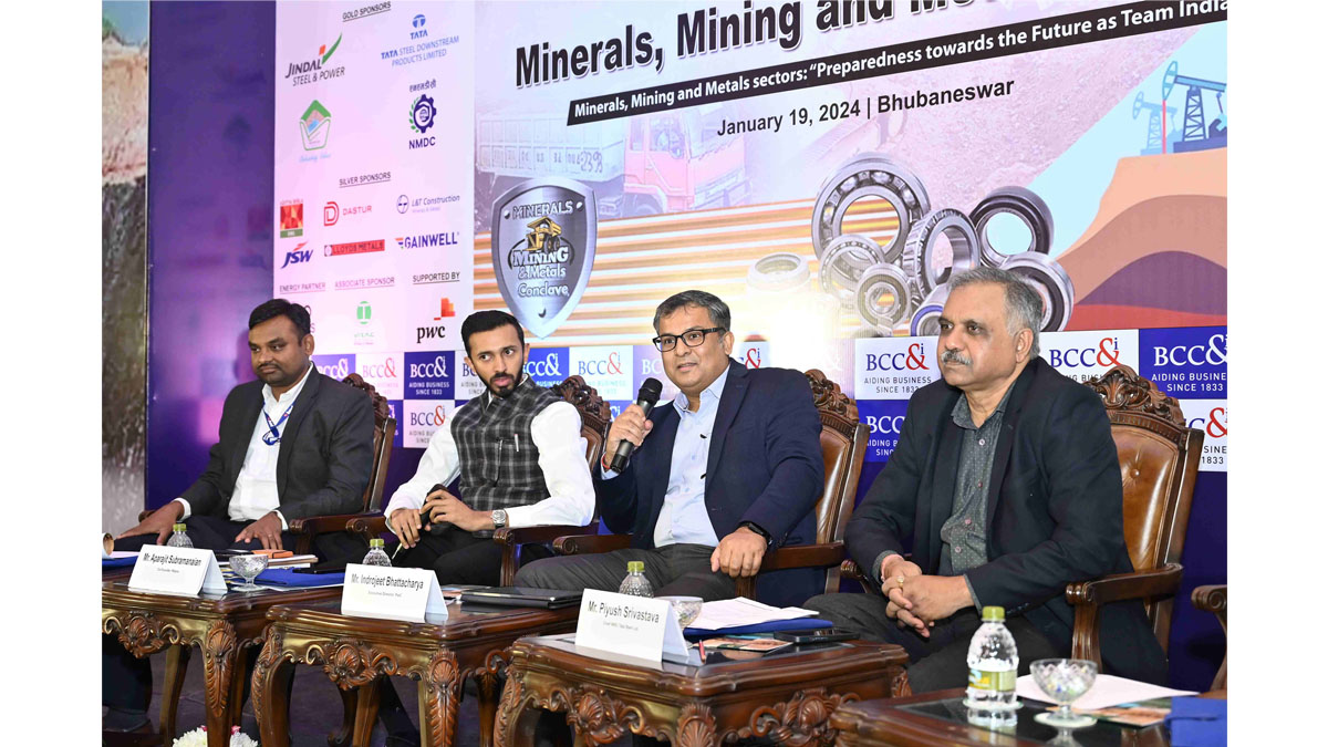 Business Session III, Innovation, Industry 4.0 and application of AI in Minerals, Mining and Metals Sectors in progress Speakers seated on the dias ( from left) are :  Mr. Manoj Kumar K, Regional Manager, Sambalpur, BEML Limited Mr. Aparajit Subramanaian, Co-Founder, Repos Moderator, Mr. Indrojeet Bhattacharya, Executive Director, PwC Mr. Piyush Srivastava, Chief NRD, Tata Steel Ltd.