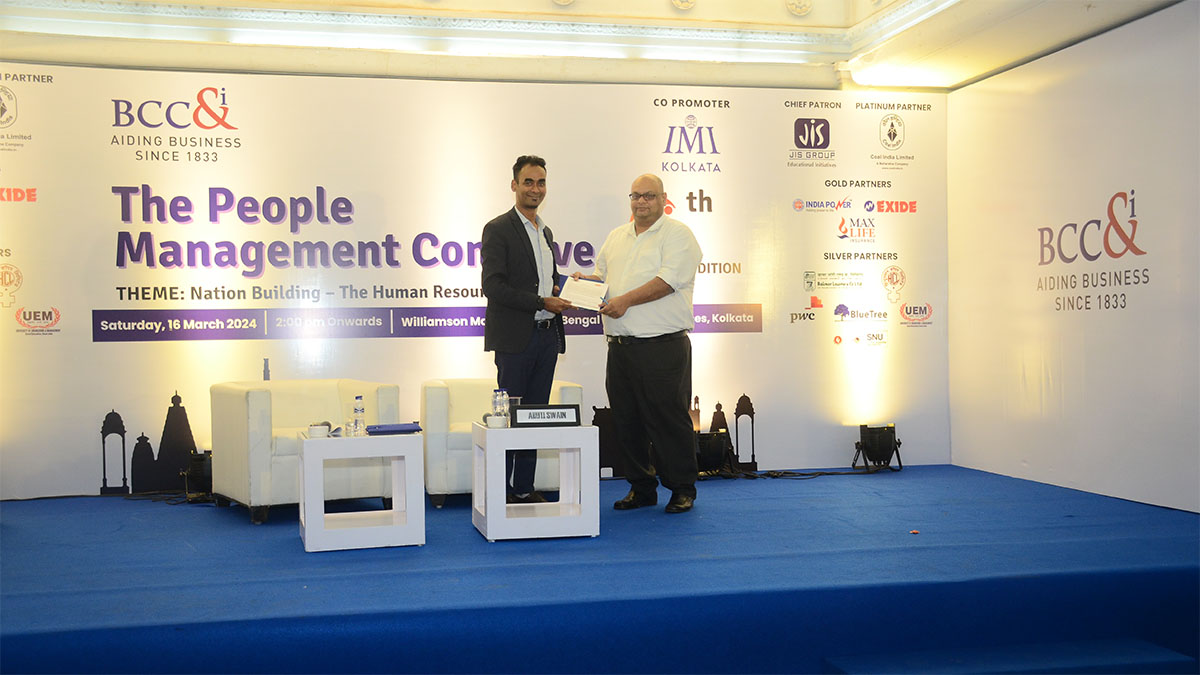 MOU signing between BCC&I and BIBS to support BIBS for HR and Industry delegations. On stage Prof. Aniruddha Banerjee, Vice Principal, Bengal Institute of Business Studies and Mr. Kumar Shivam, Director, BCC&I