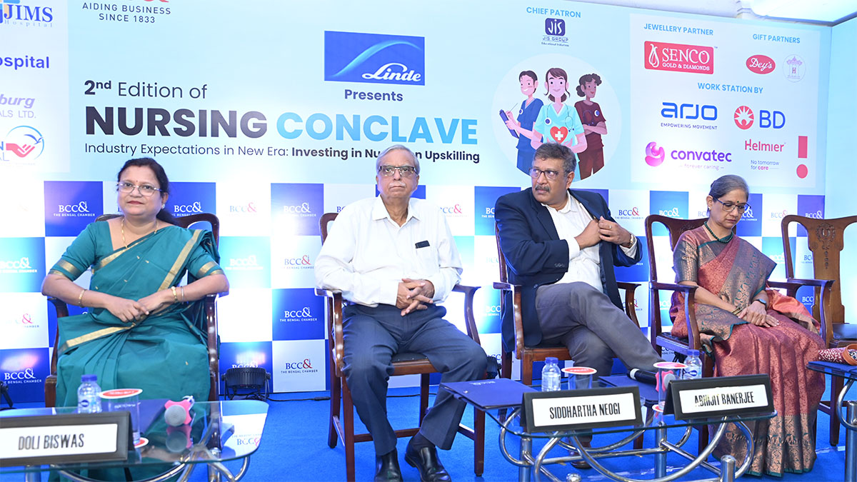 Opening Session (L-R) Ms. Doli Biswas, Member – Health Committee, The Bengal Chamber of Commerce & Industry & Chief Nursing Officer, Fortis Hospital Anandapur, Dr. Siddhartha Neogi, Director of Health Services, Government of West Bengal, Mr. Abhijit Banerjee, Vice President, The Bengal Chamber of Commerce and Industry & Managing Director, Linde India Limited, Ms. Abanti Gopan, Nursing Consultant Principal Assessor (NABH), Visiting Faculty