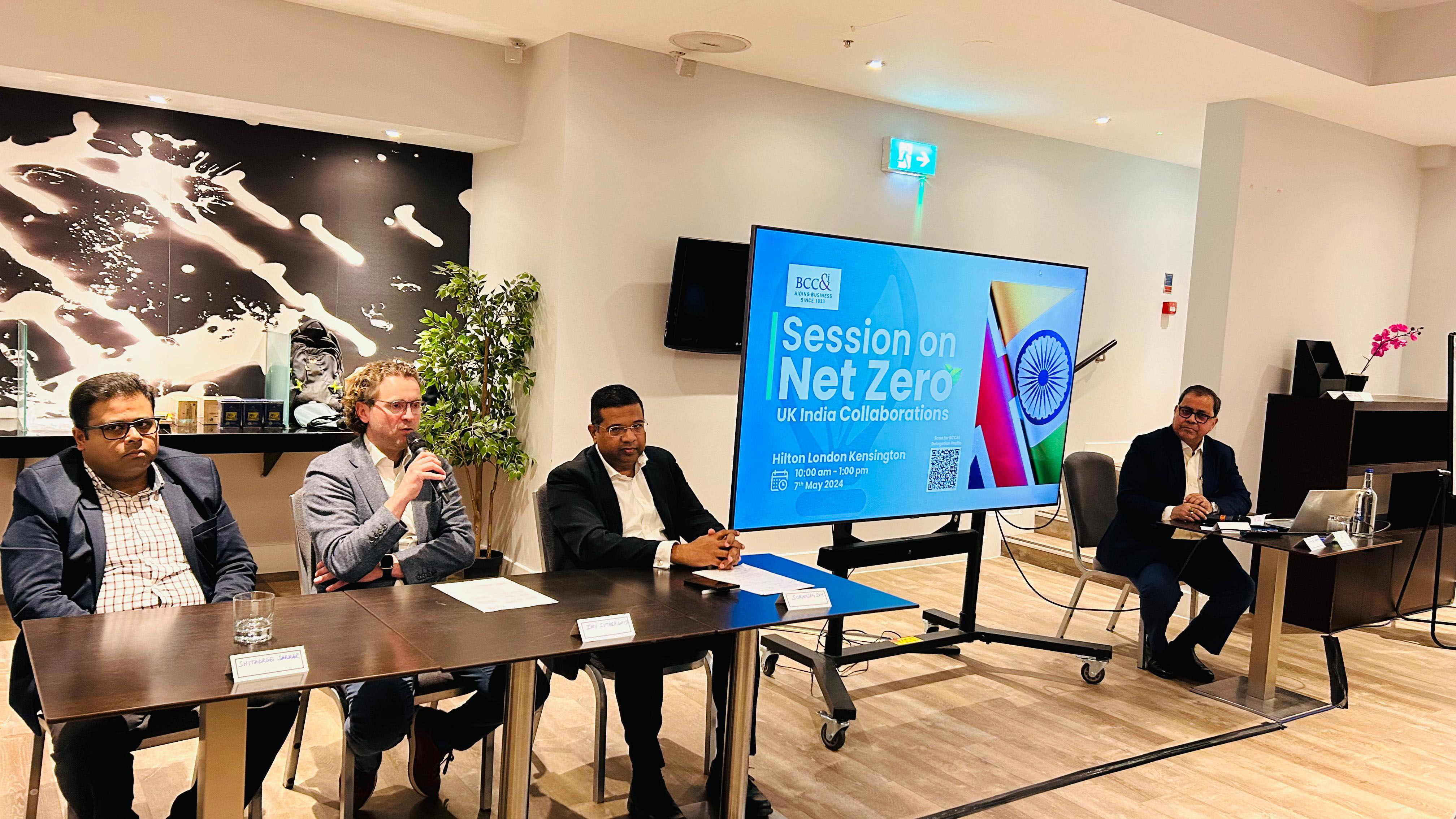 A session on “Roadmap to Net Zero” by Mr. Sthitadhee Sarkar, Transmission Control Delivery Manager, National Grid, Mr. Ian Sutherland, CFO and Head of Net Zero, Tide, & Mr. Suranjan Som, Vice President, Hitachi Digital- moderated by Mr. Jayanta Kumar Chakraborty, Consultant, Indofil Industries Limited (Left to Right)