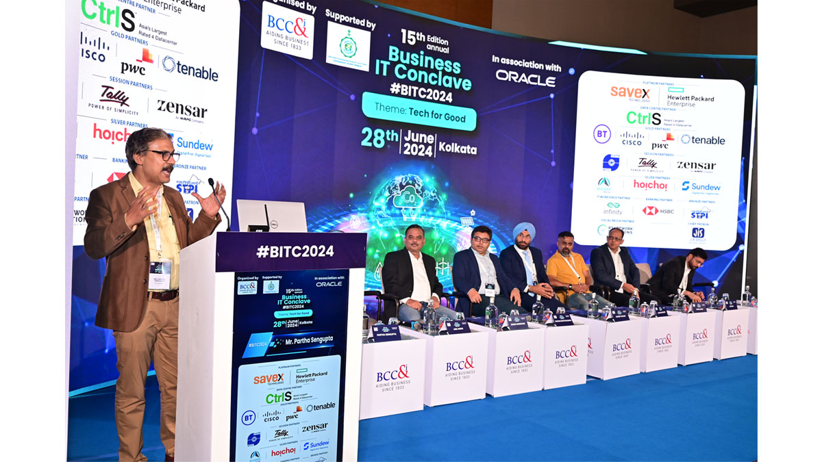 Panel Discussion on Gen AI, Digital Disruptions and Competitive Strategies. The speakers of the panel were (left to Right)- Mr. Anil Nama, CIO, CtrlS Datacenters Ltd, Mr. Mainak Bhattacharya, Technology Head-SAP, arodek, Mr. Jaideep S Kalra, Director & Region Head, Business Banking, North & East India, HSBC Bank Ltd., Mr. Aloke Majumder, VP –Technology, Hoichoi, Mr. Rahul Guha, Director, Oracle India, Mr. Nitin Raj, Partner- Data Sciences- AI/ML/Gen AI and Optimization, PwC India