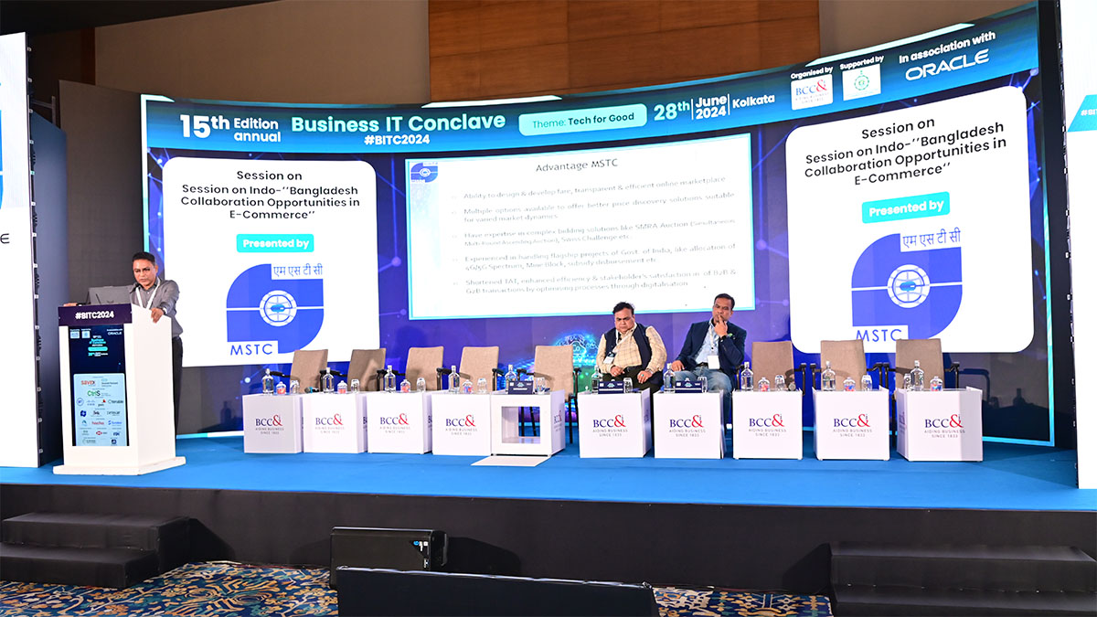 Session on Indo-Bangladesh Collaboration Opportunities in E-Commerce presented by MSTC featuring (left to right) Shri Dibyendu Roy, HOD-eCommerce, MSTC Limited with Moderator, Dr. Chiranjib Bhattacharya, Chairperson, IT Entrepreneurs and eCommerce Committee, BCC&I; Co-Chairperson, IT Committee, BCC&I and Chief Executive Officer & Director, Wizertech Informatics Pvt. Ltd. and Mr. Mostafizur Rahaman Sohel, Director, BASIS (Bangladesh Association for Software & Information Services) and Director, CCBL (Central Counterparty Bangladesh Limited)