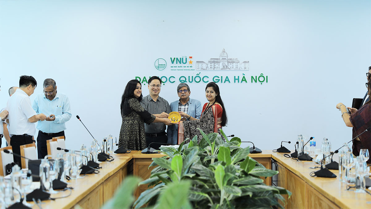 Memento handover at Vietnam National University by Ms. Swarnali Dhar, Deputy Director, BCC&I (right) and Rajashree Mukherjee, Manager, BCC&I (left)