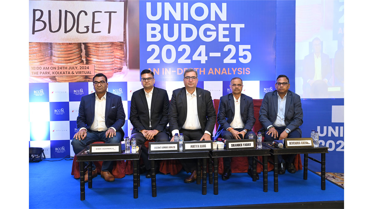 Session on Industry Perspectives on Union Budget 2024-25  on Direct Taxes & Indirect Taxes in progress : Dignitaries on the dais (L-R) Mr. Bibek Agarwala, CFO, Eveready Industries, Mr. Basant Kumar Somani, CFO, RetailEZ, Mr. Aditya Hans, Partner, Dhruva Advisors LLP, Mr. Sikander Yadav, CFO, IFGL Refractories Limited, Mr. Devendra Khemka, CFO, Adventz Securities Enterprises Limited