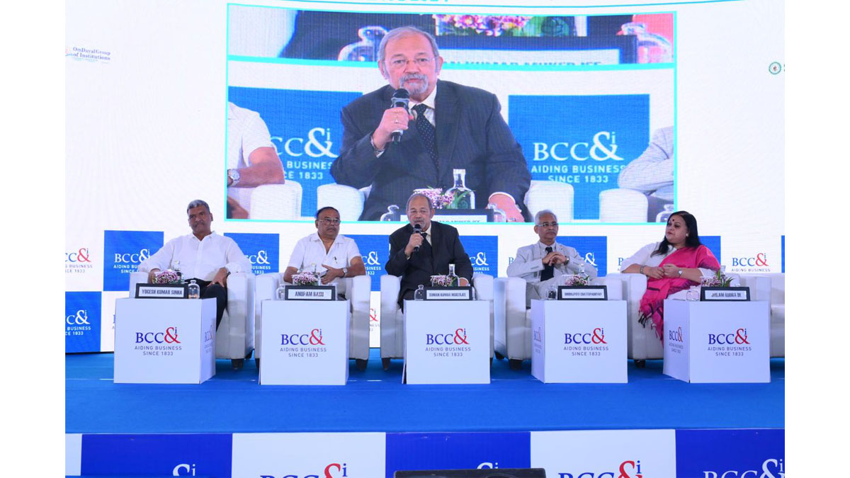 Panel discussion on “Higher Education in The 21st Century: Adapting to Change’ was moderated by Professor Dr. Suman Kumar Mukerjee, Director General, The Bhawanipur Education Society College (middle), speakers were (left to right) Prof (Dr.) Yogesh Kumar Sinha, Principal, Om Dayal Institute, Prof. Anupam Basu,  Director, Raja Ramanna Chair Professor, Jadavpur University, Distinguished Hon. Prof. Sister Nivedita University, Hon. Professor Shiv Nadar University, Prof. Dr. Dhrubajyoti Chattopadhyay, Vice- Chancellor, Sister Nivedita University, Dr. Jhilam Rudra De, Principal, Kingston School of Management and Sciences.