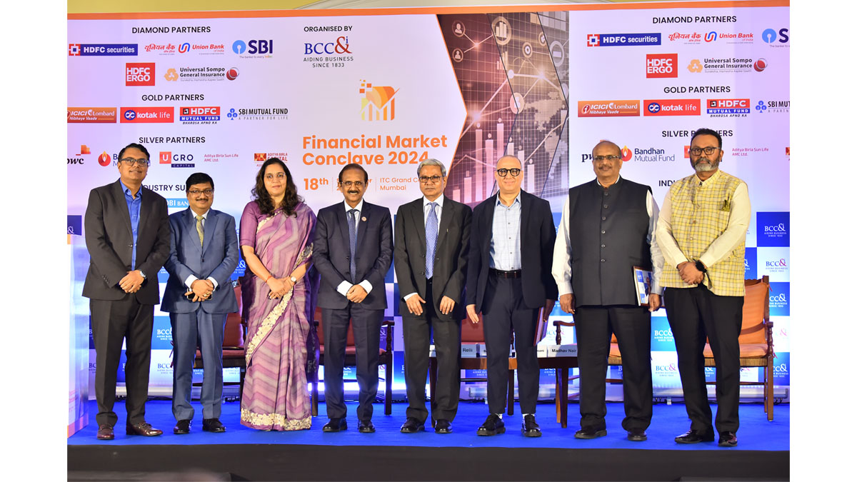 Eminent Dignitaries at the Conclave (L-R) Mr. Arnab Basu, President Designate, BCC&I and Advisory Leader, PricewaterhouseCoopers Pvt. Ltd, Mr. Shachindra Nath, Founder & MD, U GRO Capital, Ms. Arti Bhushan Mulik, Chief Technical Officer, Universal Sompo General Insurance, Mr. C. S. Setty, Chairman, State Bank of India, Mr. Tamal Bandyopadhyay, Eminent Journalist and Writer, and Mentor, Finance and Banking National Committee, BCC&I, Mr. Dhiraj Relli, MD & CEO, HDFC Securities Limited, Mr. Venkat Chalasani, CEO, AMFI, Mr. Madhav Nair, Country Head & CEO, Bank of Bahrain and Kuwait 