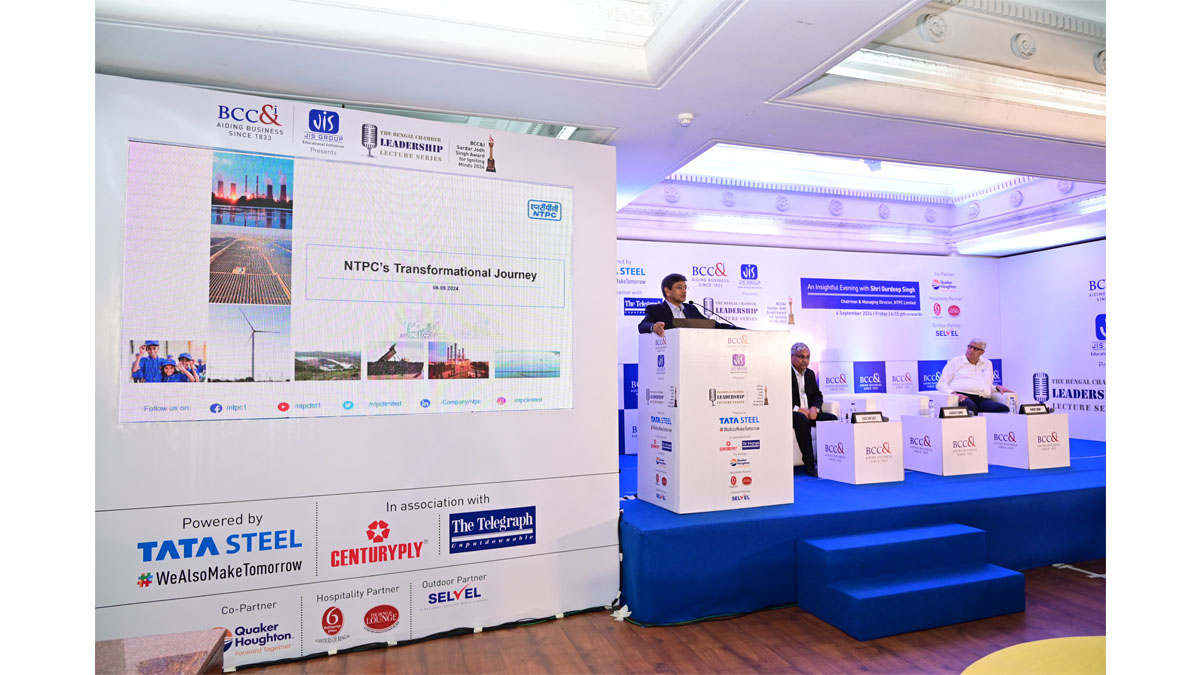 Sardar Jodh Singh Award for Igniting Minds 2024 being handed over to Shri Gurdeep Singh, Chairman and Managing Director NTPC Limited (third from left) by Mr. Taranjit Singh, Managing Director, JIS Group and Chief Patron, BCC&I (third from right). Present on the stage is Mr. Gautam Ray, President, BCC&I & President Corporate RPSG Group (left), Mr. Simarpreet Singh, Director, JIS Group (second from left), Mr. Anoop Hoon, Chairperson, Marketing and Brand Committee, BCC&I (second from right) and Mr. Arnab Basu, President Designate, BCC&I, and Advisory Leader, PwC India (right)